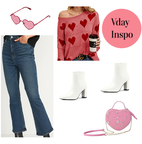 valentines day outfit idea, white boots, heart sweater, wide leg jeans, old navy jeans, amazon valentines day outfit, heart shaped bag, outfit collage, outfit mood board